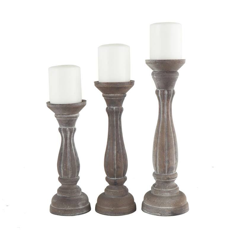 Gray, Green, Brown or Blue Wooden Distressed Turned Decorative Candle Holder (Set of 3)
