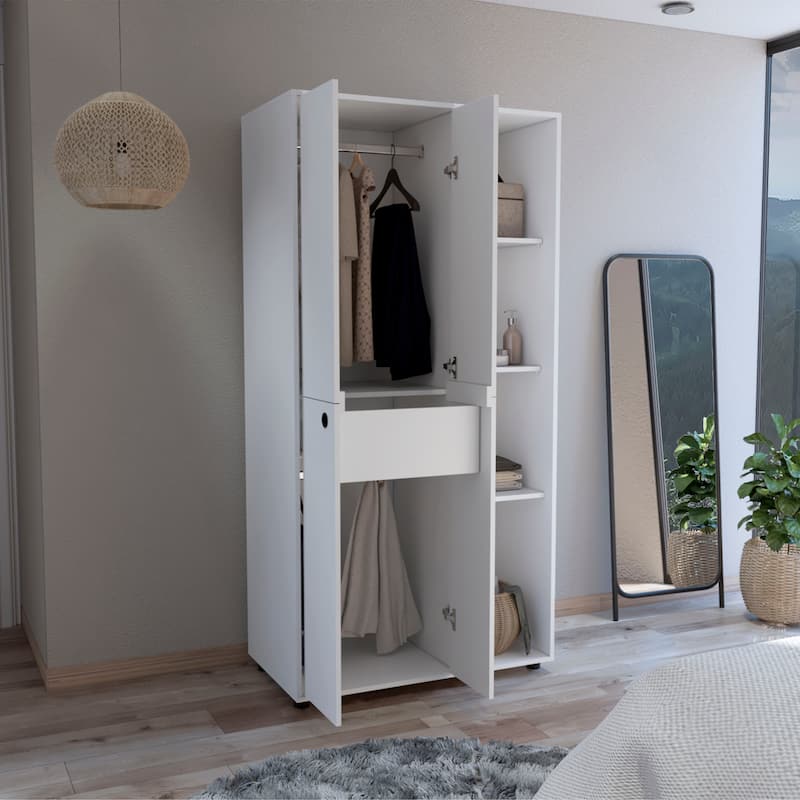 35.4" Modern Double-door Armoire with Hanging Rod, Drawer and Open Shelves for Bedroom