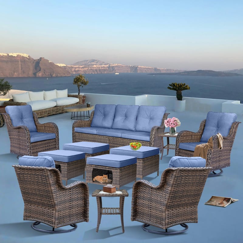 11 Piece Rattan Wicker Outdoor Patio Furniture with Swivel Chairs Set