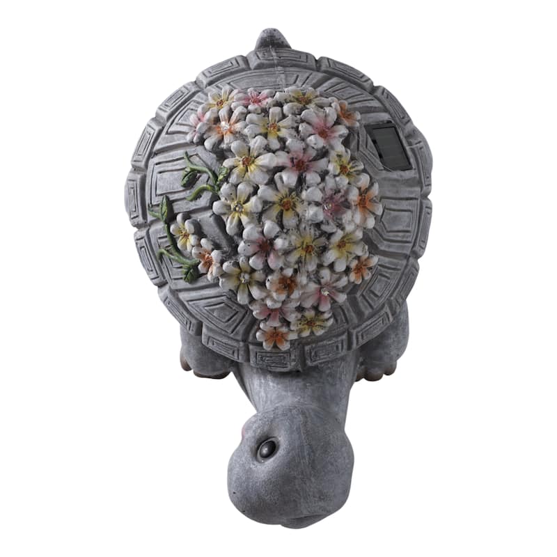 Magnesia Solar LED Turtle Garden Statue with Flowers - 9" Gray