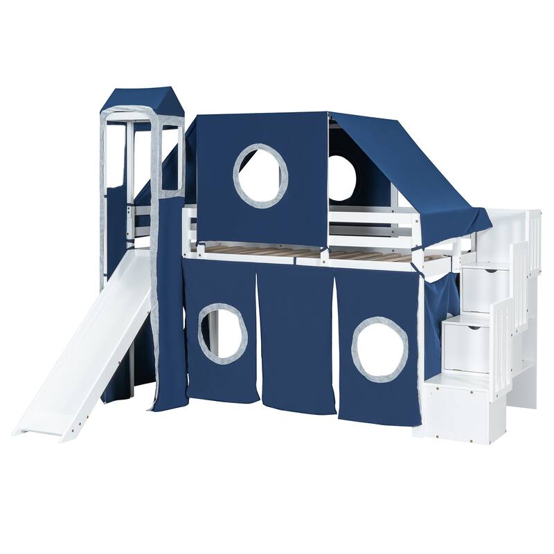 Blue Twin Loft Bed with Tent, Tower, and Playhouse Design for Kids