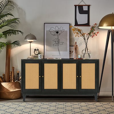 Rattan Sideboard Buffer Cabinet, Accent Storage Cabinet With 4 Rattan Doors, Modern Storage Cupboard Console Table