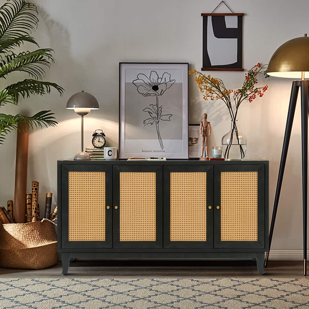 Rattan Sideboard Buffer Cabinet, Accent Storage Cabinet With 4 Rattan Doors, Modern Storage Cupboard Console Table
