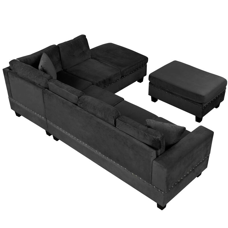105.1" Velvet L-Shaped Sectional Sofa with Reversible Chaise, Storage Ottoman and Cup Holders