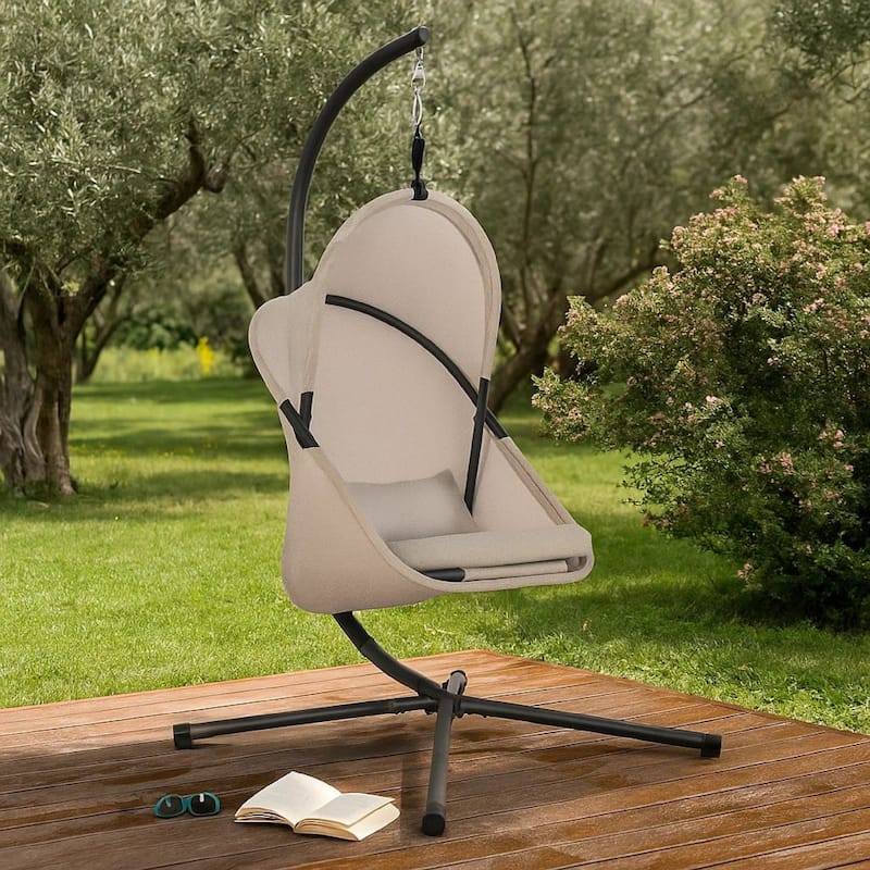 Cery Outdoor Egg Swing Chair, Foldable Stand, Light Gray Cushion