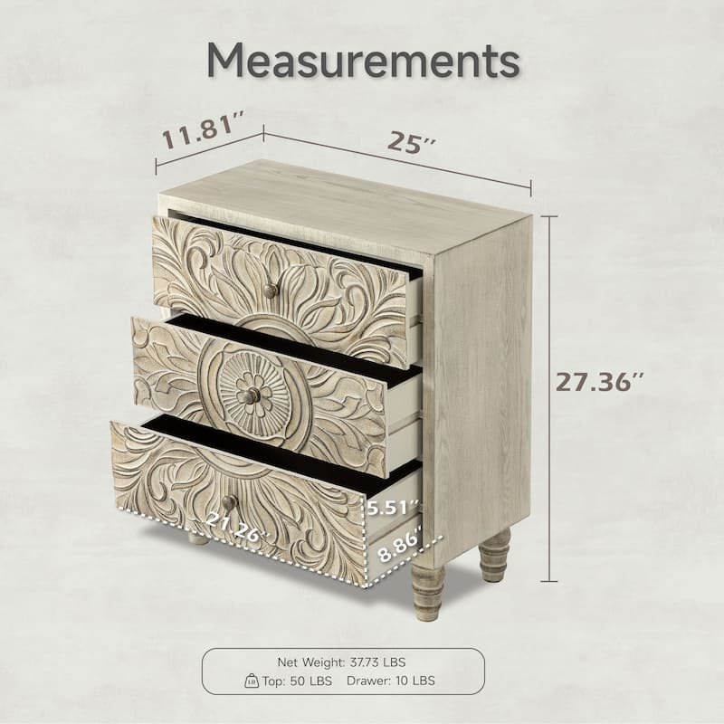 COZAYH Farmhouse 3 Drawer Nightstand with Craft Flower Motif Front, Distressed Boho Chest, French Country, Weathered White