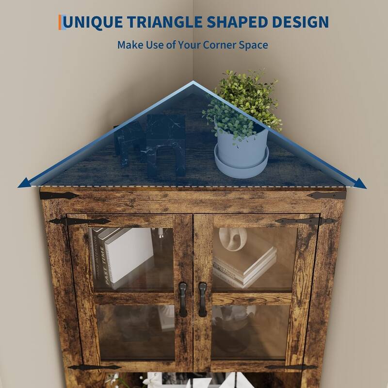 67" Tall Corner Storage Cabinet with Lights, Farmhouse Corner Hutch Display Cabinet with Glass Doors