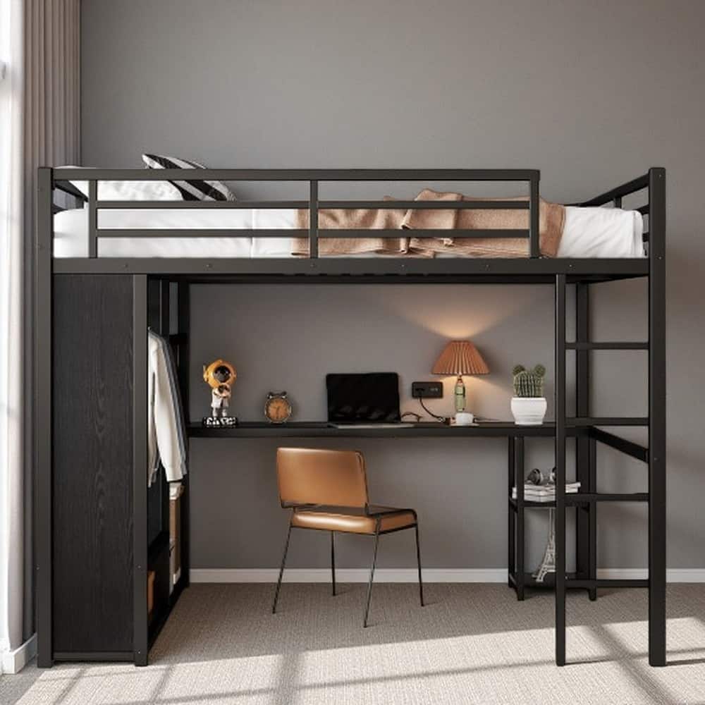 Workstation Metal Loft Bed with Built-in Desk, Stairs, Shelving & Wardrobe Space
