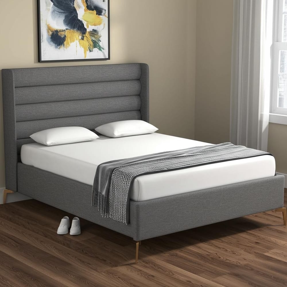 HomeRoots Gray Linen Upholstered Full Bed Frame