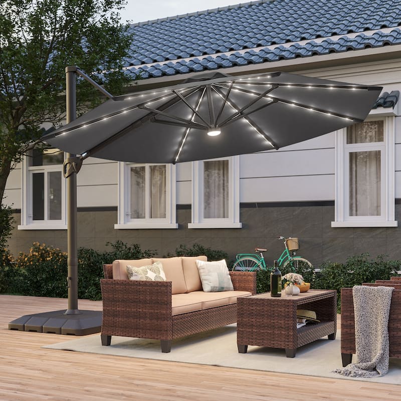 Bonosuki 11Ft Aluminum LED Cantilever Patio Umbrella with Base for Patio Deck Garden - Dark Gray