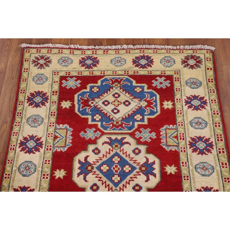 Red Geometric Kazak Oriental Accent Rug Handmade Foyer Wool Carpet - 2'8" x 3'9"