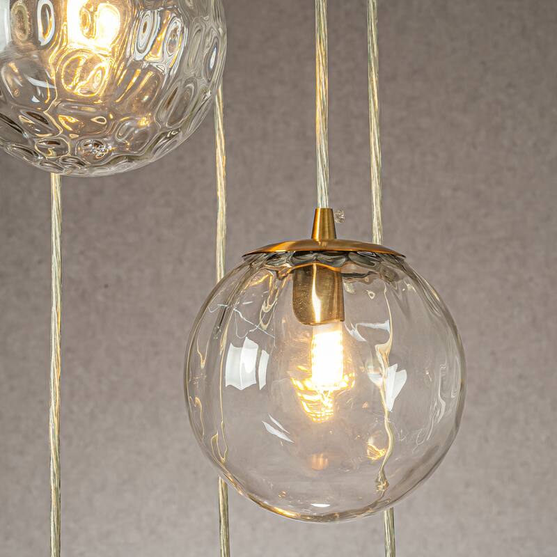 CraftHome 5-Light Modern Clear Ripple Glass Staircase Chandelier Globe Bubble Textured Glass Pendant In Matte Black For Foyer