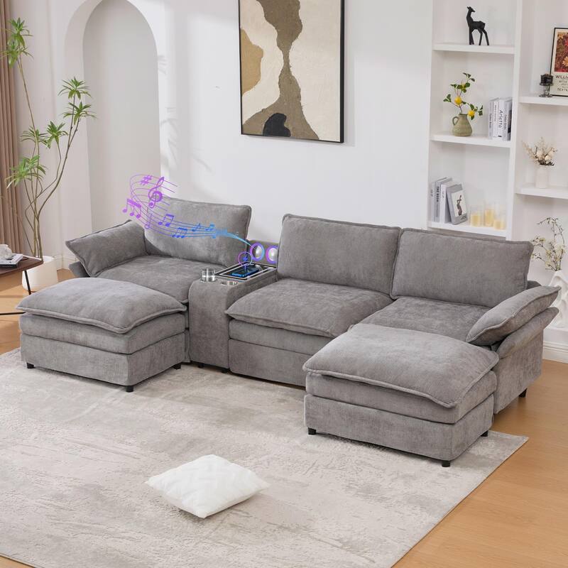 U Shaped Modular Sectional Sofa, Lounge Sofa with Storage Console & Wireless Charging, Sleeper Sofa with Movable Seat