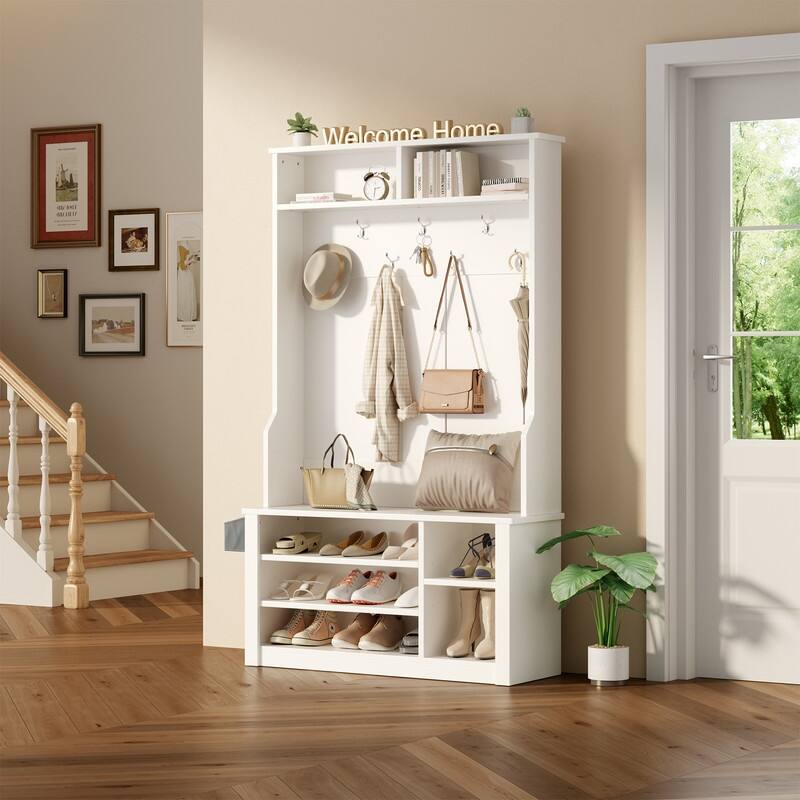 39.37'' W Hall Tree, 3 in 1 Entryway Bench with Coat Rack and Shoe Storage