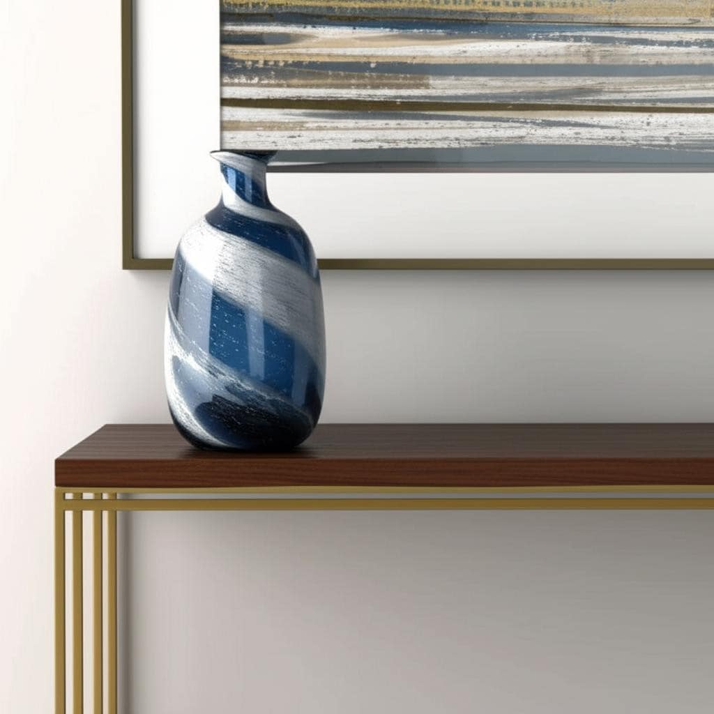 13" Blue And White Striped Swirl Art Glass Table Vase - 7.50