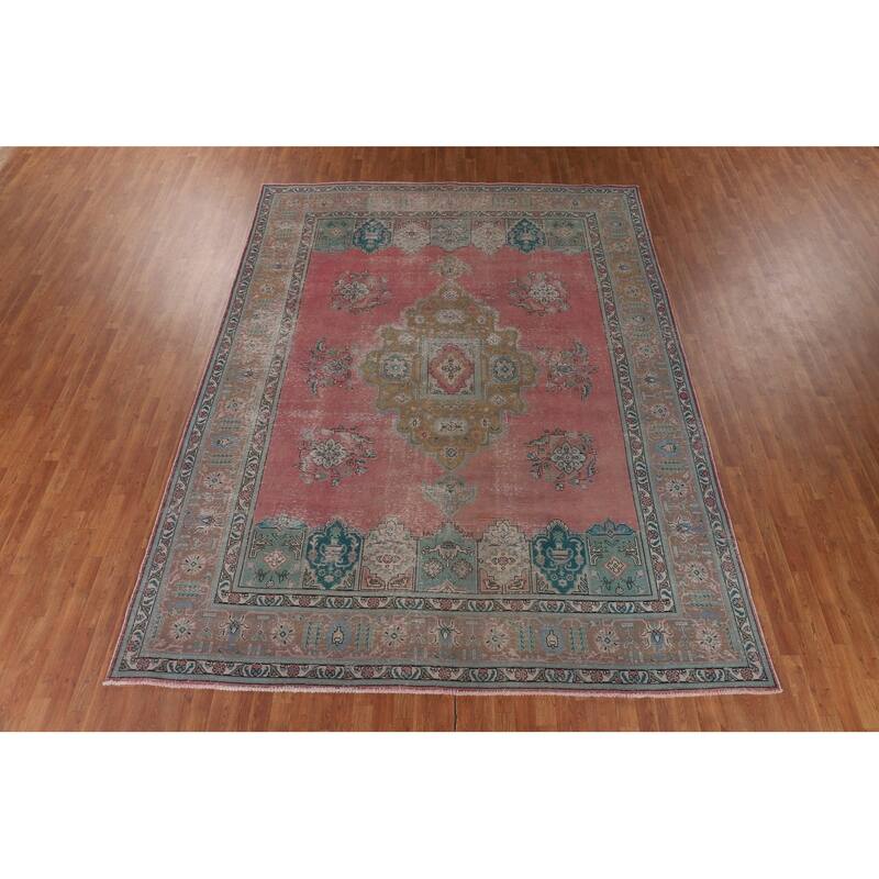 Pink Distressed Tabriz Persian Antique Rug Hand-Knotted Wool Carpet - 9'6" x 12'8"