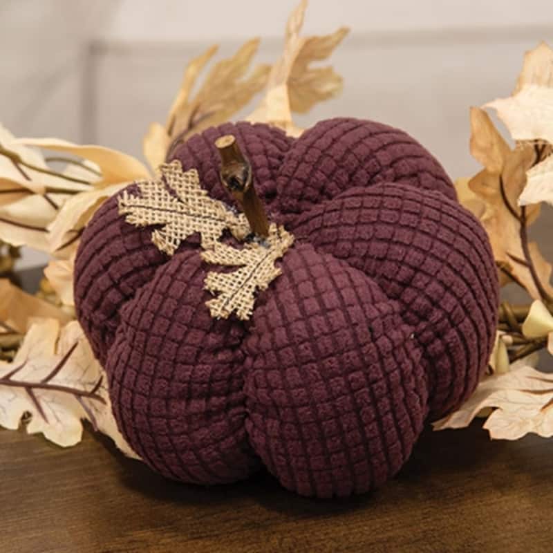 Ivory Waffle Weave Pumpkin w/Burlap Leaves - 4.75" dia.