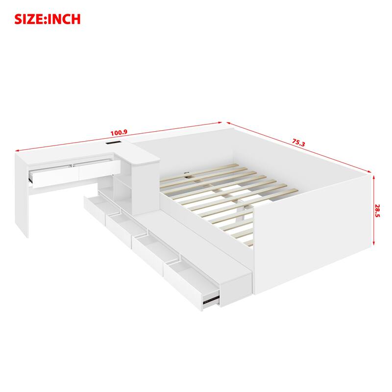 Full Size White Wooden Platform Bed with Drawers, Shelves, and Dressing Table