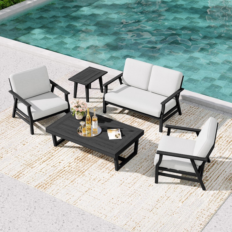 5-Piece Teak Outdoor Conversation Set with Tables. - 4-seat - Beige/Black Wood