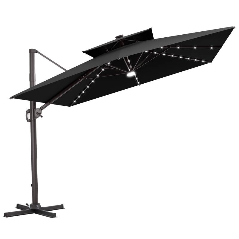 11 FT Square Outdoor Premium Double Top Solar Powered LED Patio Cantilever Umbrella