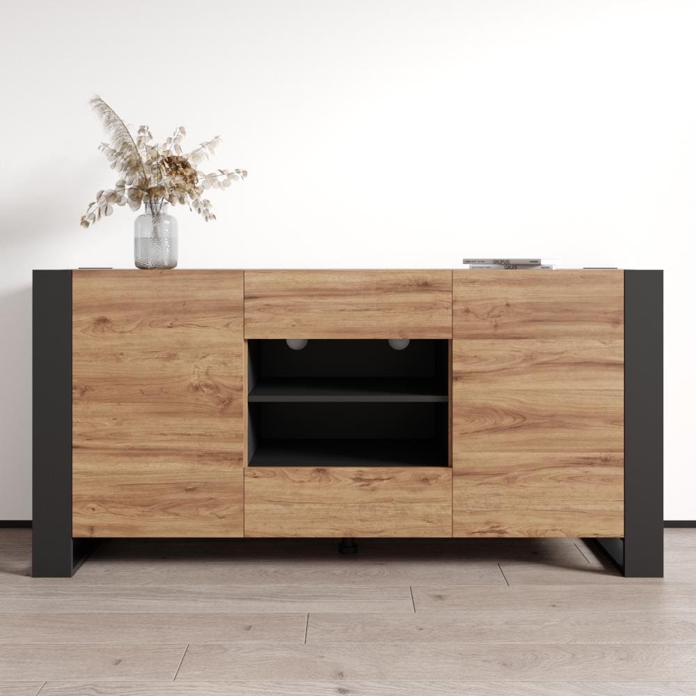 Meble Furniture Woody 65-inch Modern Sideboard Buffet with Metal Legs and Open Shelf Display
