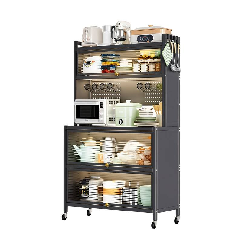 64" Mobile 5-layer Metal Kitchen Pantry Storage Cabine with Transparent Flap Door and DIY Hole Board