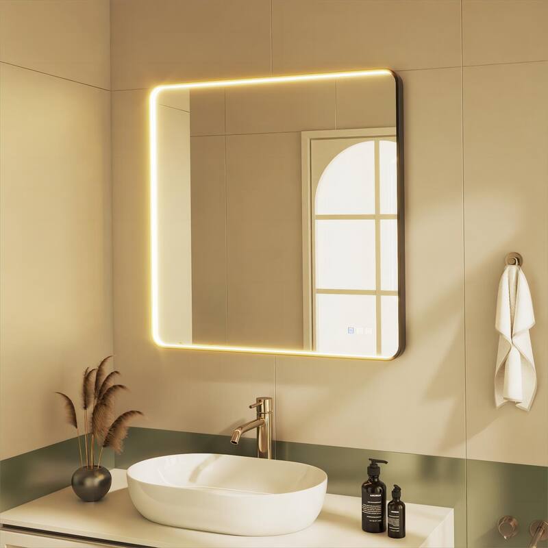 Organnice Rectangular LED Aluminum Black Framed Light Rounded Wall Mirror with Front Light - 36*36