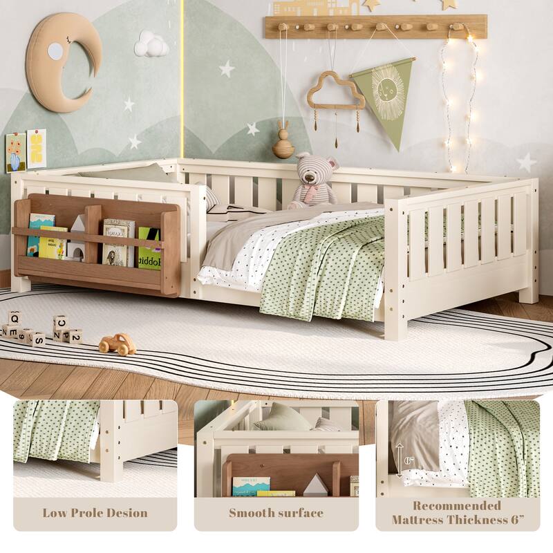 Montessori Floor Bed Low Profile Kids Bed with Rails & Bookshelf