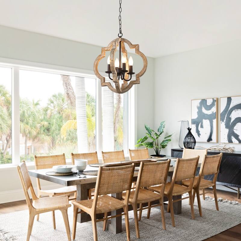 Bella Depot 16" 4-Light Distressed Wood Chandelier Adjustable Pendant Light for Dining Room Bedroom