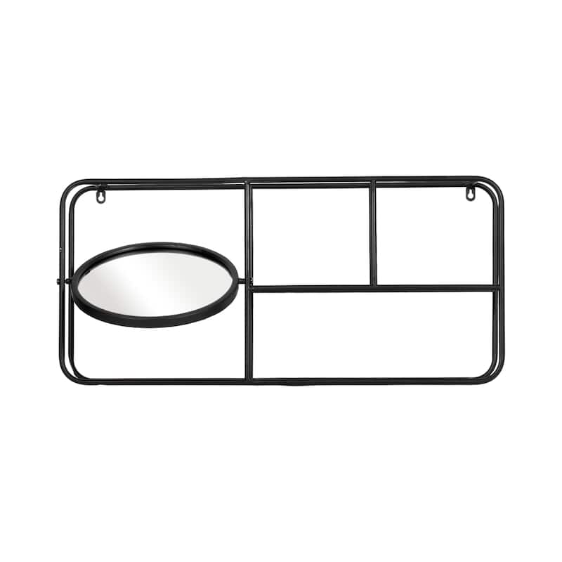 29"Lx5"Wx14"H Oval Wall Shelf with Mirror, Black Iron and Wood Finish, Wall Storage for Bathroom, Vanity, and Decorative