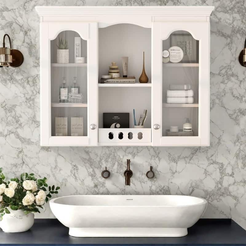 Wall Mounted Bathroom Medicine Cabinet with Double Glass Doors, Over-Toilet Storage Organizer with Adjustable Shelves