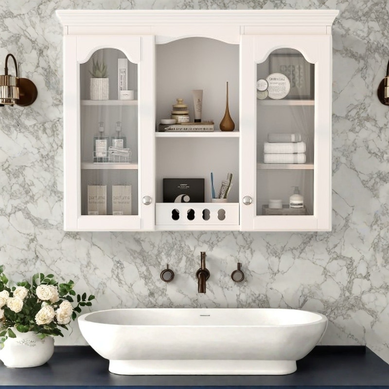 Wall Mounted Bathroom Medicine Cabinet with Double Glass Doors, Over-Toilet Storage Organizer with Adjustable Shelves