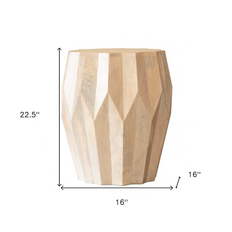 Natural Solid Wood Round End Table with White Drum Base and Distressed Finish - 16” x 16” x 22.5” (D x W x H)