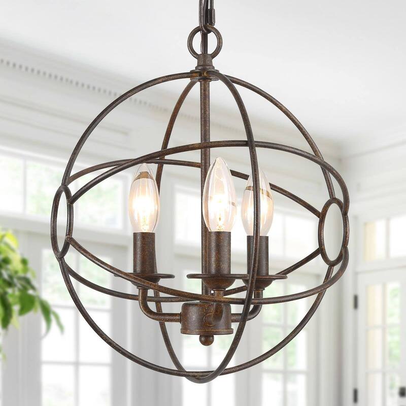 Farmhouse Rustic 3-Light Metal Globe Chandelier Pendant Light for Kitchen Island Dining Room - 12"W x 14"H