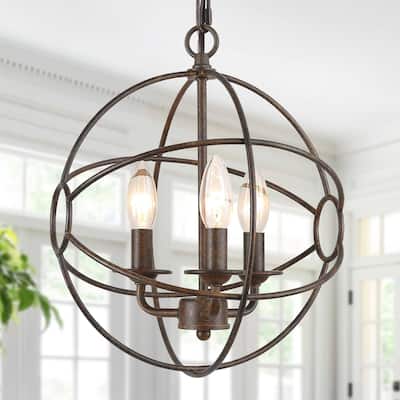 Farmhouse Rustic 3-Light Metal Globe Chandelier Pendant Light for Kitchen Island Dining Room - 12"W x 14"H
