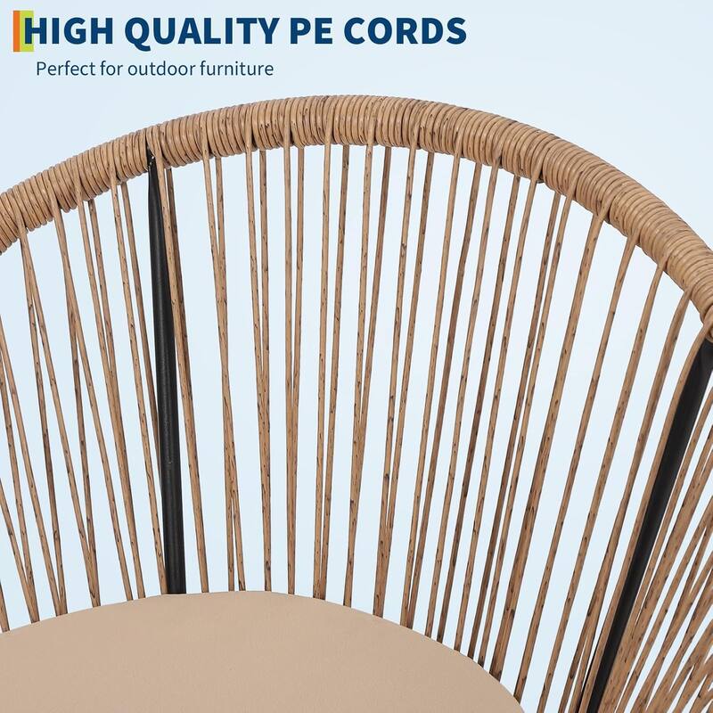 3 Piece Acapulco Chair Set, All-Weather Modern Patio Furniture Set with Cushions, Plastic Rope, Glass Top Table and 2