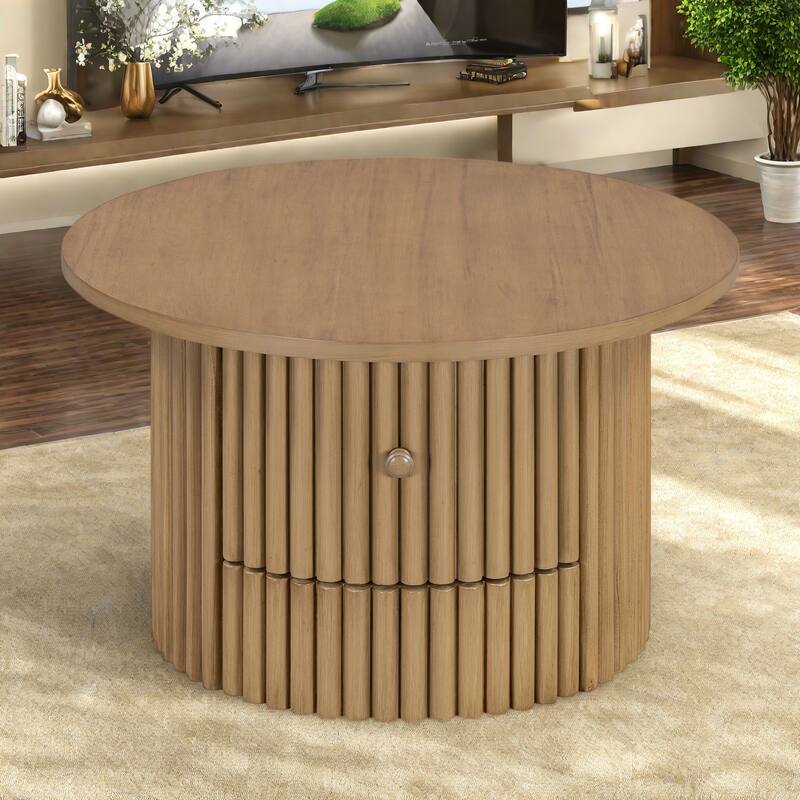 30.5" MDF Coffee Tables with Built-In Drawer, Vertical Slat Base for Living Room - Natural