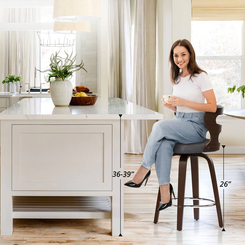 26 in. Swivel Counter Bar Stools, Bar stool with Bent Wood Legs & Round Footrest - 26" H