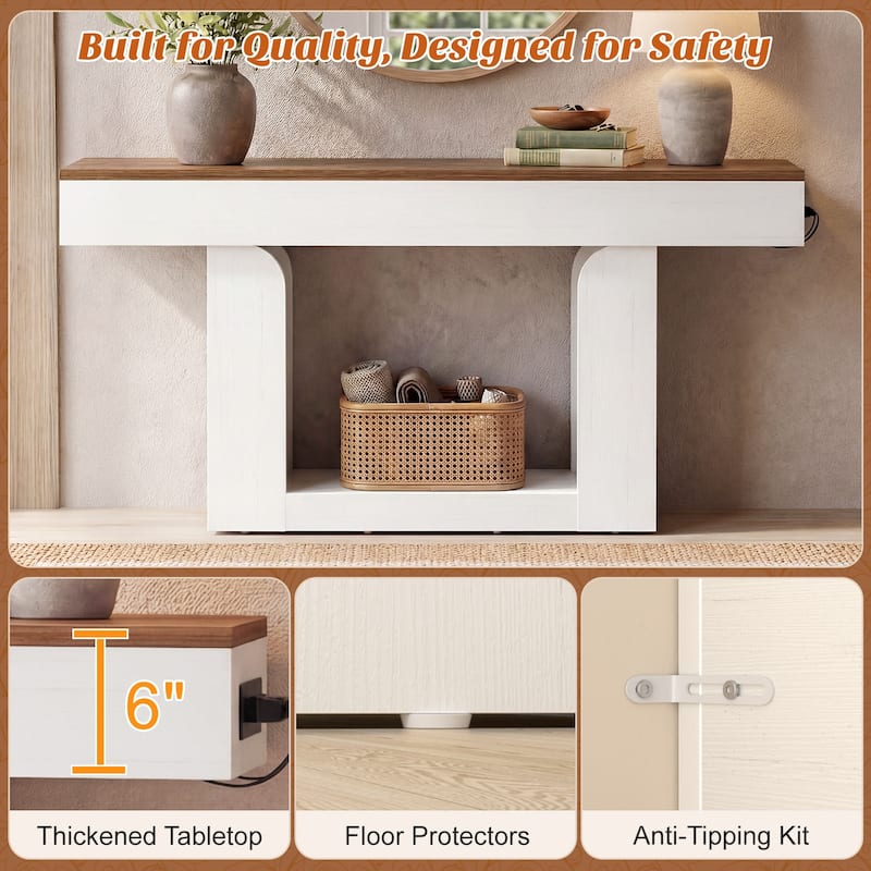 63'' W Farmhouse Console Table with Chaging Station, Thick Sofa/ Entryway Table with Storage Shlef