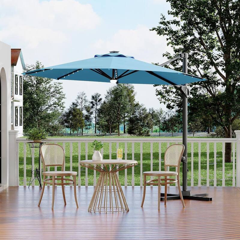 10FT Cantilever Patio Umbrella with Solar Lights, 360° Rotation Offset Umbrella