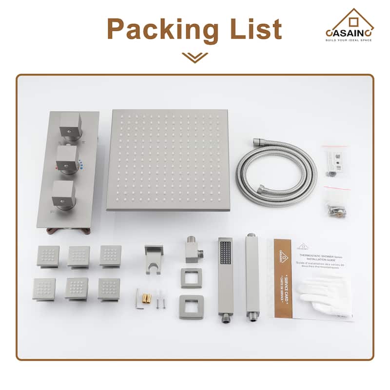 Celling 12 inch LED 3 Function Thermostatic Shower System with 6 Body Jets