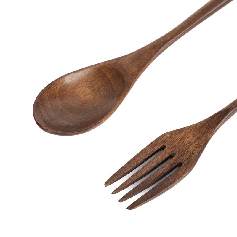 Kitchenware Cutlery Wooden Japanese Style Non-slip Handle Spoon Fork Set 2 in 1 - Brown,Beige