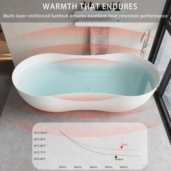 ABRUZZO 67" x 31.5" Freestanding Solid Surface Soaking Tub Matte White with Overflow & Pop-Up Drain