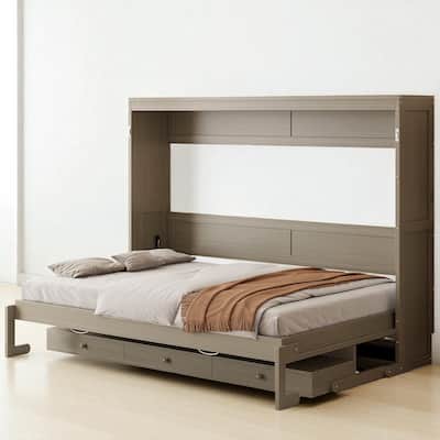 Queen Size Murphy Wall Bed with Storage, Foldable Cabinet Bed with Vanity Desk, Mirror & 2 Drawers