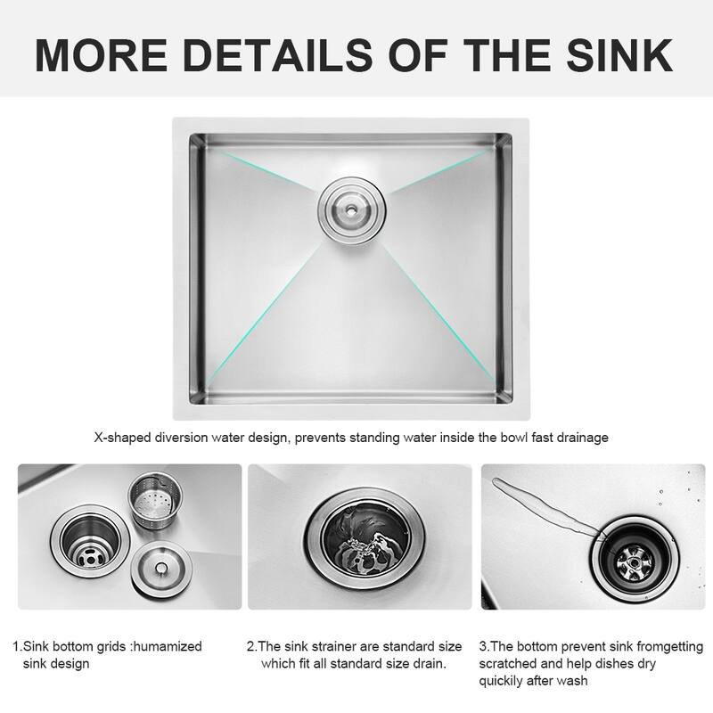 23 Inch 16 Gauge Undermount Stainless Steel Single Bowl Kitchen Sink
