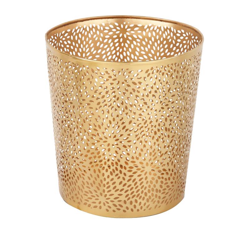 CosmoLiving by Cosmopolitan Gold Metal Small Waste Bin with Laser Carved Floral Design - 9 x 9 x 10