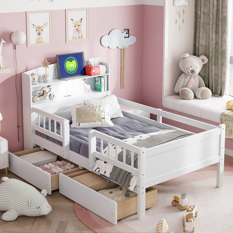 Wood Twin Size Platform Bed With Built-In Led Light,Multi-Functional Headboard,Guardrail And 2 Drawers