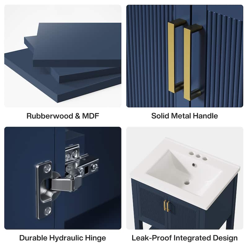 24" Single Bathroom Vanity with Ceramic Sink, Solid Rubberwood Frame & Open Storage Shelf