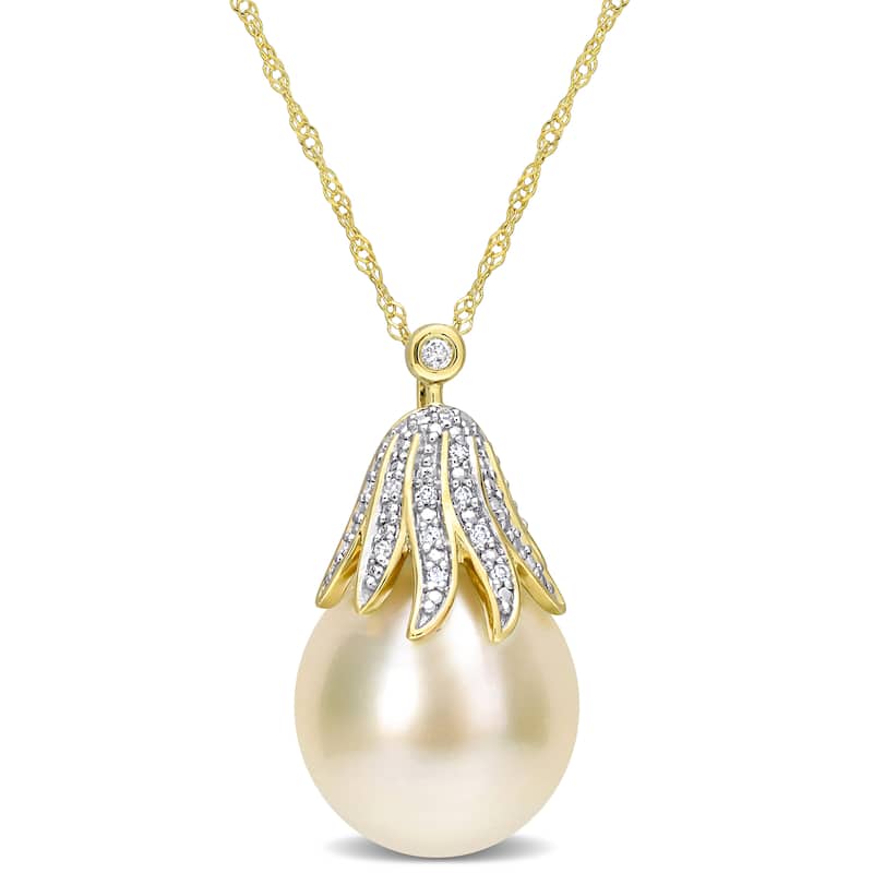 Miadora White South Sea Cultured Pearl and Diamond Accent Pendant in 14k Yellow Gold (10-11mm)