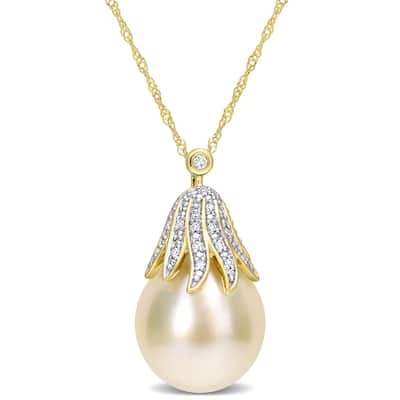Miadora White South Sea Cultured Pearl and Diamond Accent Pendant in 14k Yellow Gold (10-11mm)